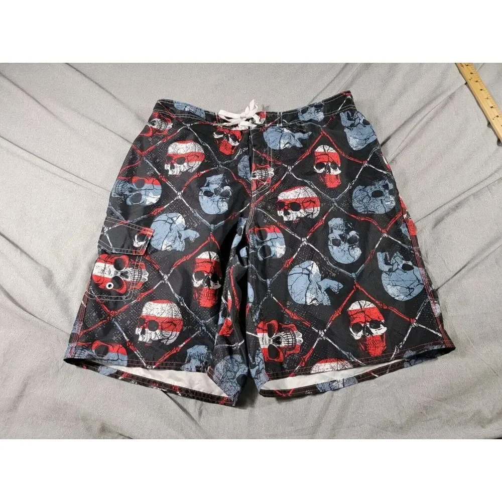 Joe‎ Boxer Swim Trunks Board Shorts Men's Large Mesh lined Patriotic Skull Heads